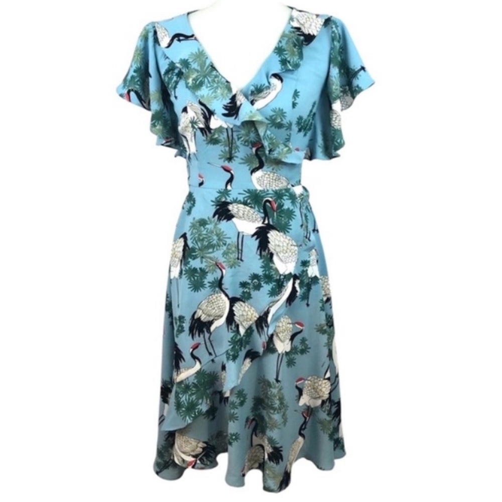 Unique Vintage Sky Blue Dress with Crane Design